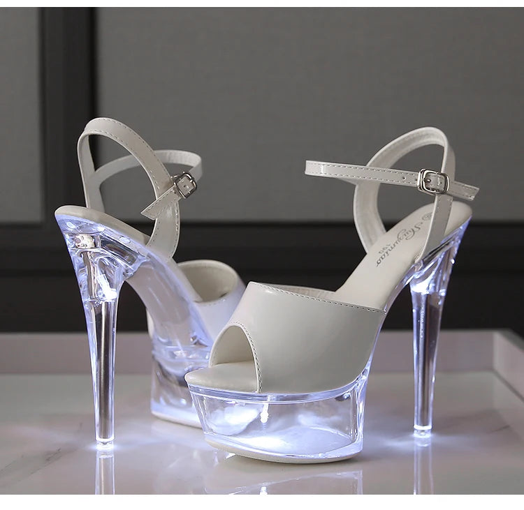 Women's Transparent And Glowing High Heels Red LED Light Up Party Sandals Nightclub Pole Dance Shoes 14.5CM Summer Runway Pumps