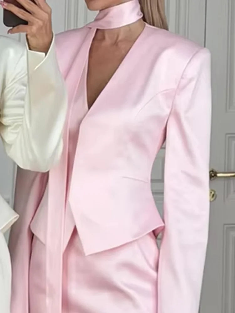 Women Skirt Set V-neck Necktie Detail Cropped Satin Blazer Solid Mini Skirt Elegant Formal Party Office Outfit 2 Piece Suit Y2K