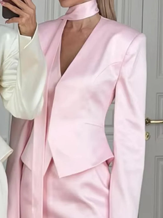 Women Skirt Set V-neck Necktie Detail Cropped Satin Blazer Solid Mini Skirt Elegant Formal Party Office Outfit 2 Piece Suit Y2K