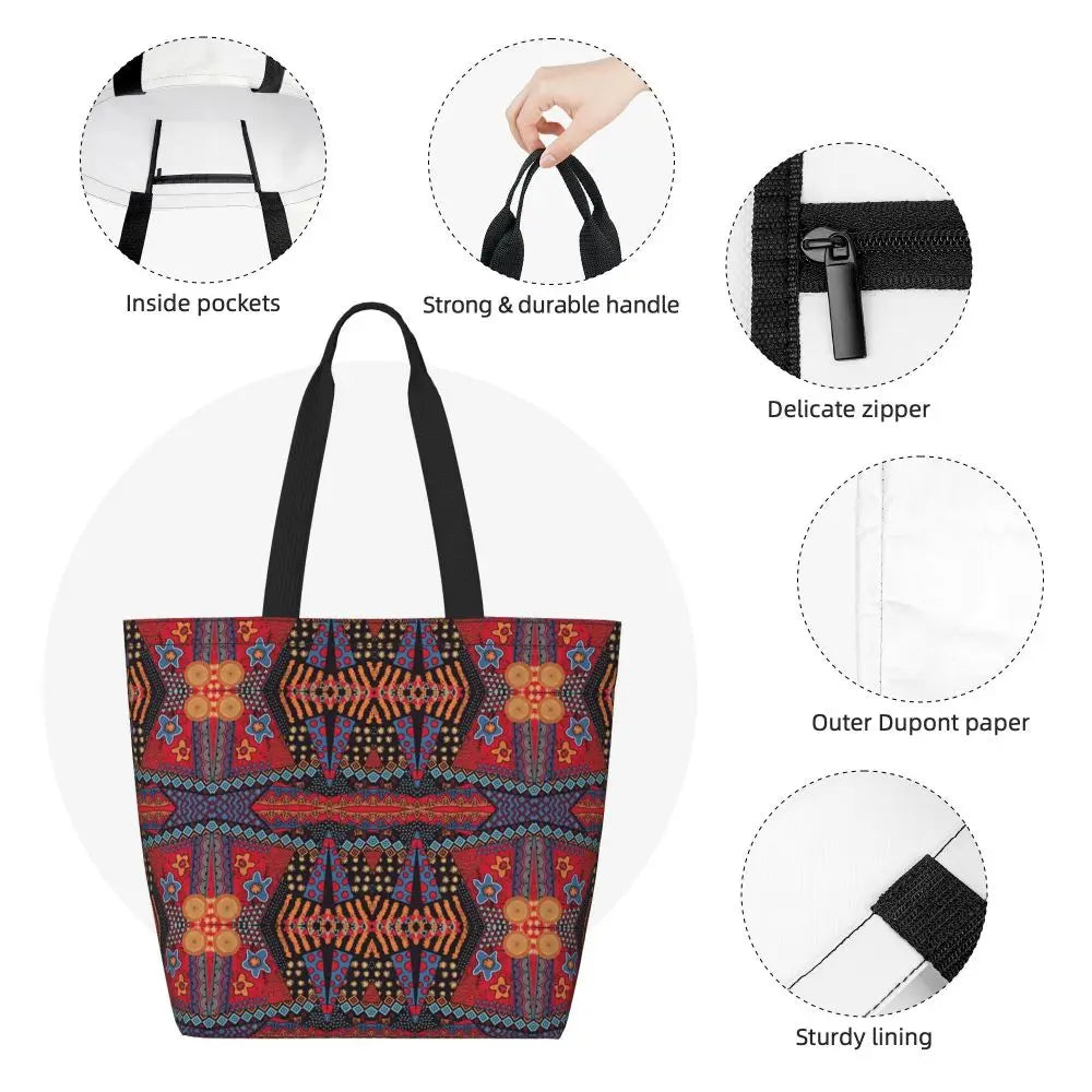 African Ankara Prints Grocery Shopping Tote Bags Women Geometric Ethnic Art Canvas Shoulder Shopper Bags Big Capacity Handbag