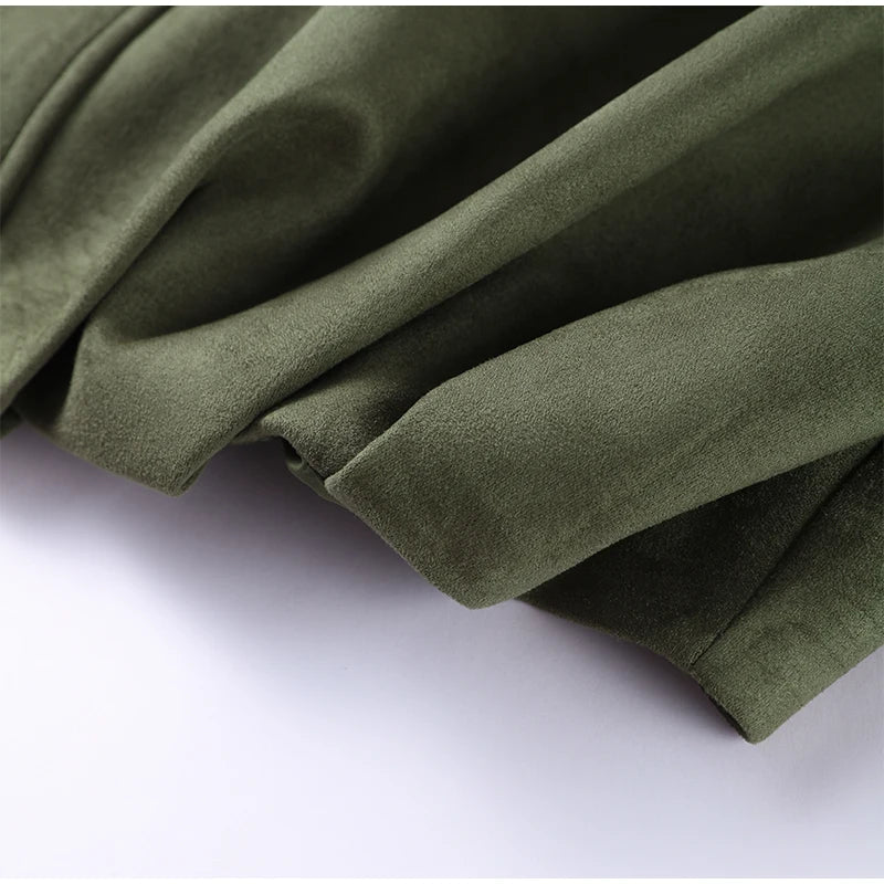 Fashion Suede Green Jackets Coat Women Lapel Full Sleeve Zipper Bomber Coats 2026 Spring New Loose Lady Street Solid Outwears