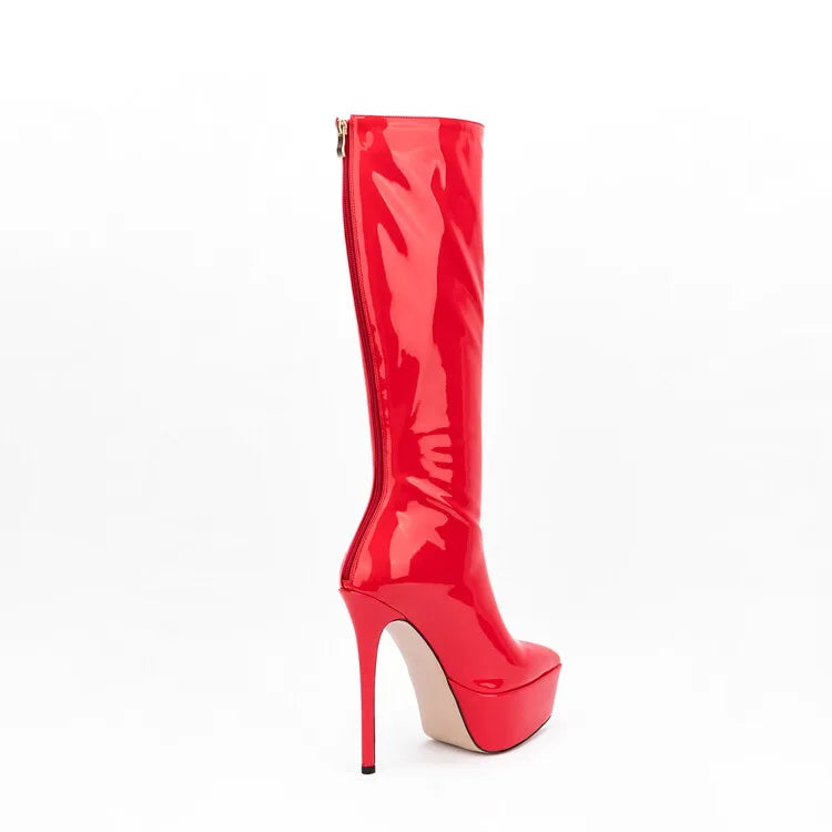 New Women Knee High Boots Patent Leather Pointed 15cm High Heels Winter Short Plush Waterproof Platform Girl Boots Large 34-45