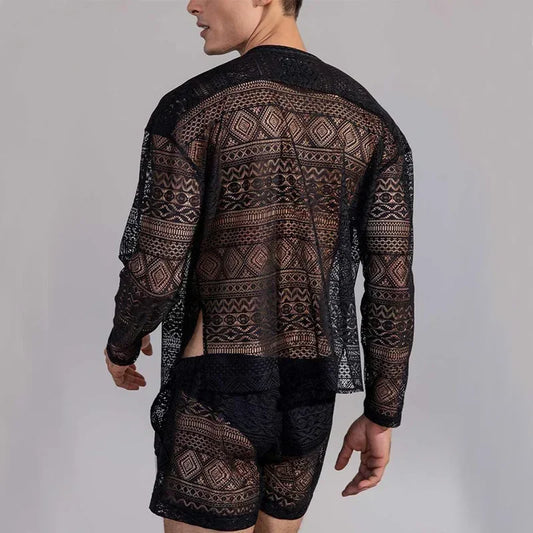 Men's Sets Long Sleeve Lace Cut-Out Shirt Casual Shorts Male Two Piece Suit Fashion Ropa Hombre