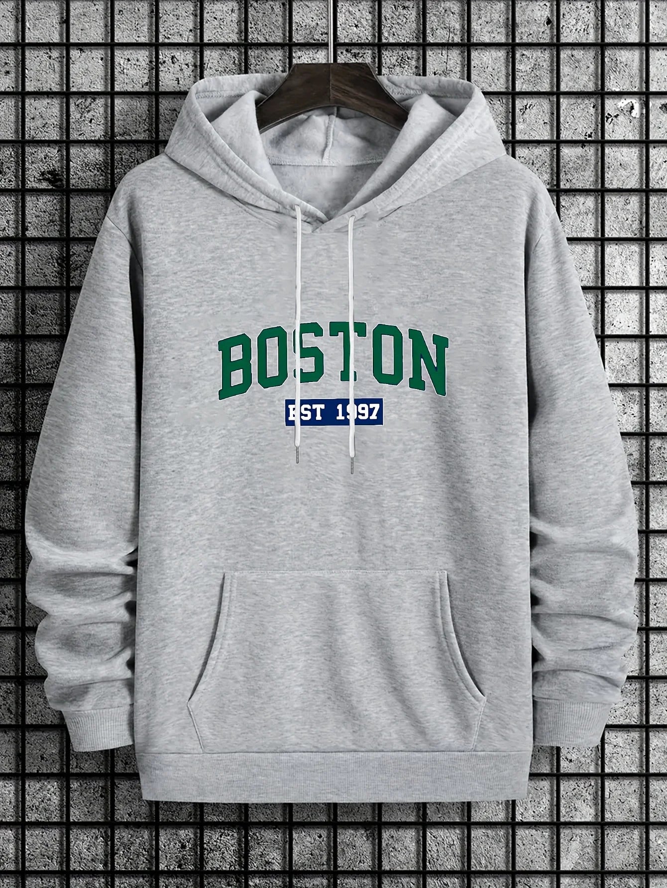 Men's autumn and winter casual fashion loose Boston est 1997 letter printed long sleeved warm hooded pullover