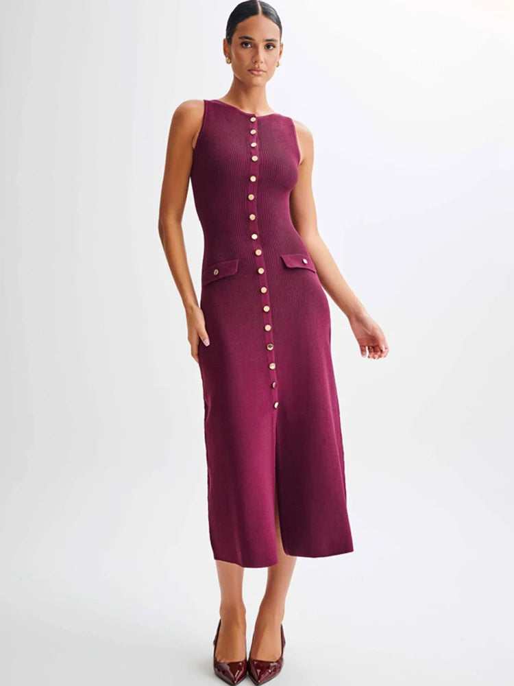 Knit Ribbed Cardigan Maxi Dress Female High Waist Slim Pocket Sleeveless Elegant Party Dress Women's Knitwear Long Dress