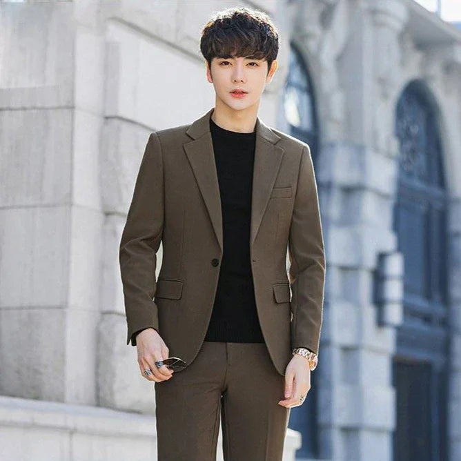 2 Piece Outfit Set Male High Quality 2025 Solid Color Slim Fit Full Men's Suits and Blazers Fashion Pants Luxury Elegant Classic