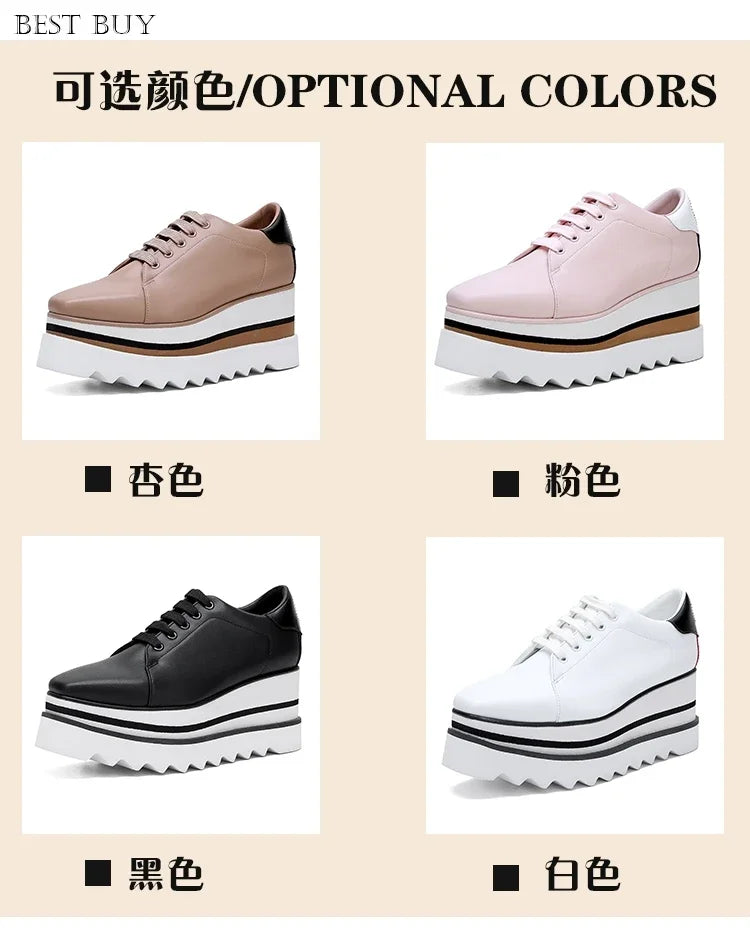 New beige Women Platform Casual Shoes 2024 Spring Black Casual Chunky Sneakers Women Real Leather White Height Increasing Shoes