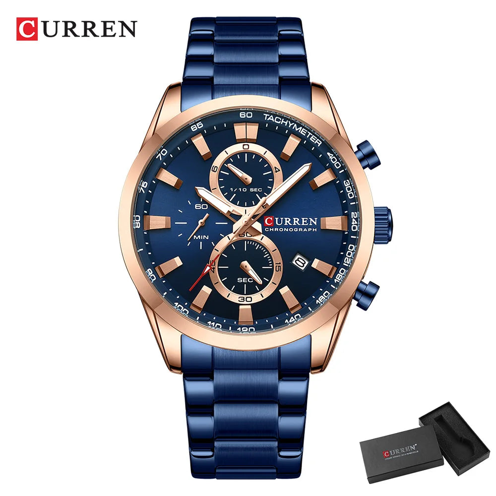 CURREN  New Sports Multifunction Stainless Steel Band Watches Fashion Brand Quartz Men's Wristwatches with Date
