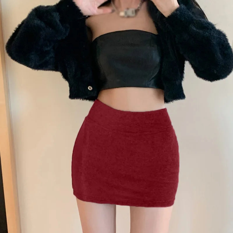 Women High Waist Skirt Elastic Waist Korean Style Solid Color Knee Length