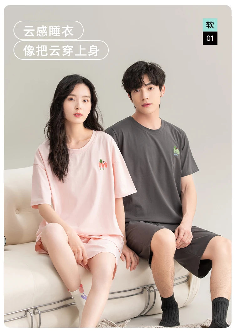 Couple Pajamas Set Summer Short-Sleeved Sleepwear 100% Cotton Men and Women Pyjamas