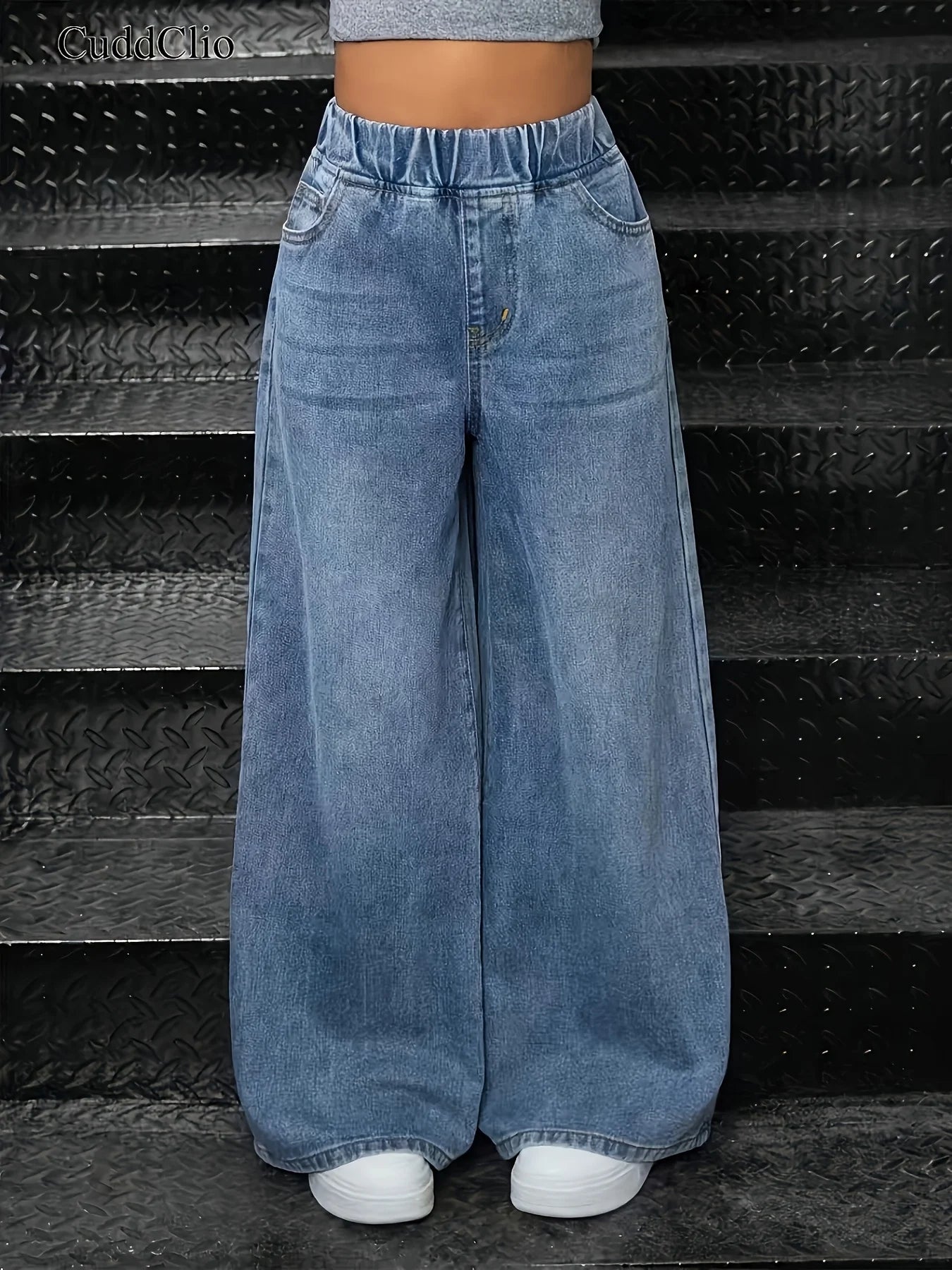 Girl's 2000s Trendy Street Style Loose and Comfortable Washed Denim Straight-Leg Pants, with Elasticized Stretch Waist