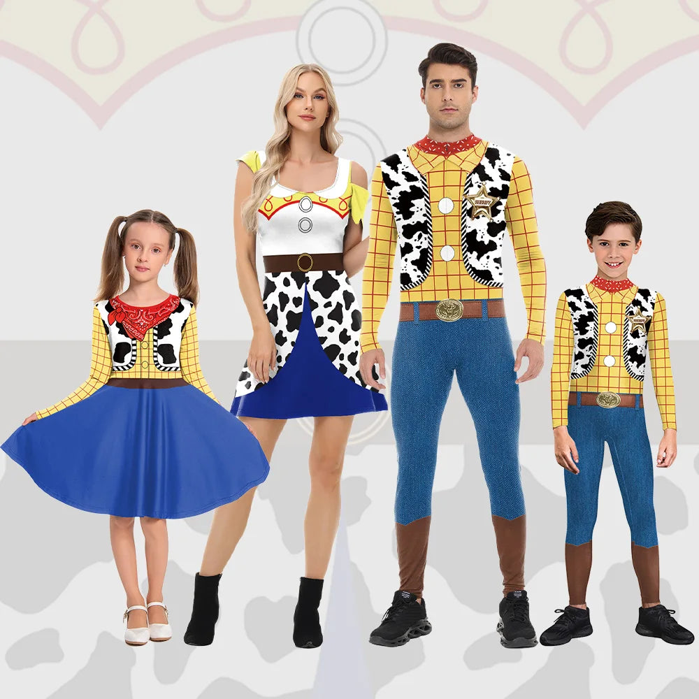 Woody Cosplay Costume Men Boys Jumpsuit Halloween Family Matching Outfits Carnival Party Cowboy Jessie Women Fancy Dress