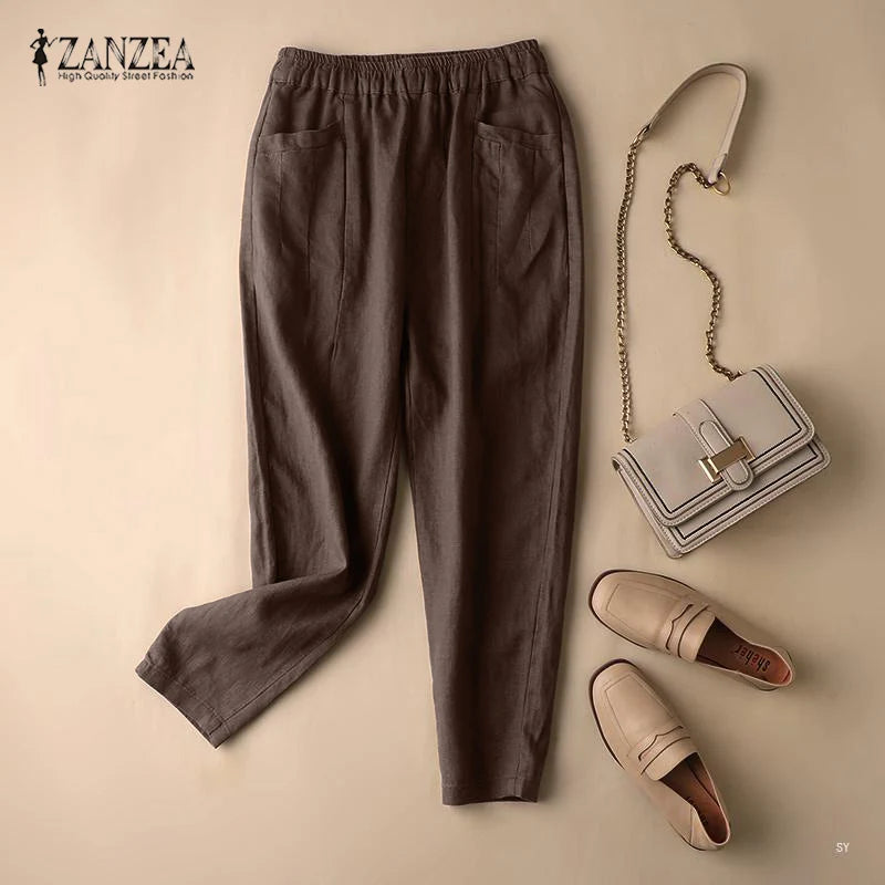 ZANZEA Summer Trousers Women Vintage Cotton Pants Elastic Waist Solid Harem Pant Casual Loose Pantalon Oversize Turnip Palazzo