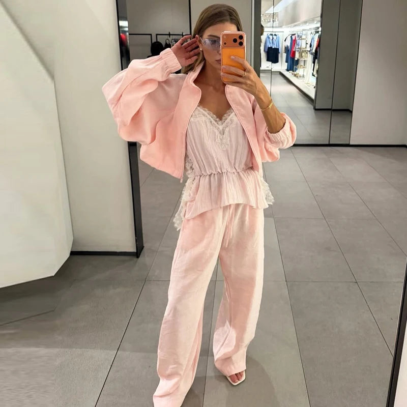 HXAO Women's 2 Piece Tracksuit Set Cropped Jacket Pants Sets Summer Long Sleeve Zip Up Top Wide Leg Trouser Suit Pink Sportswear