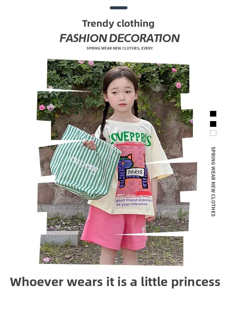 2026 New Children's casual Set Summer fashion girls' internet-famous sporty short-sleeved pants summer wear 4-14Years old girls