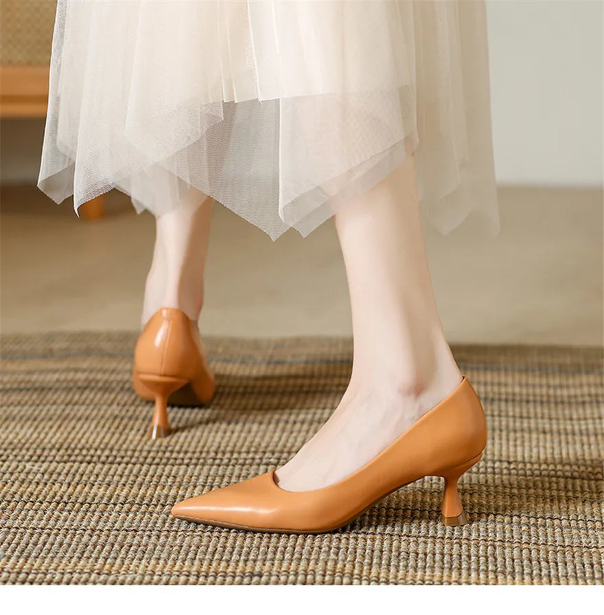 Soft Leather Concise Ladies Office Shoes 2026 Spring Shallow Comfort 6.0cm High Heels Women Pumps Dress Pointy Toe Wedding Shoes