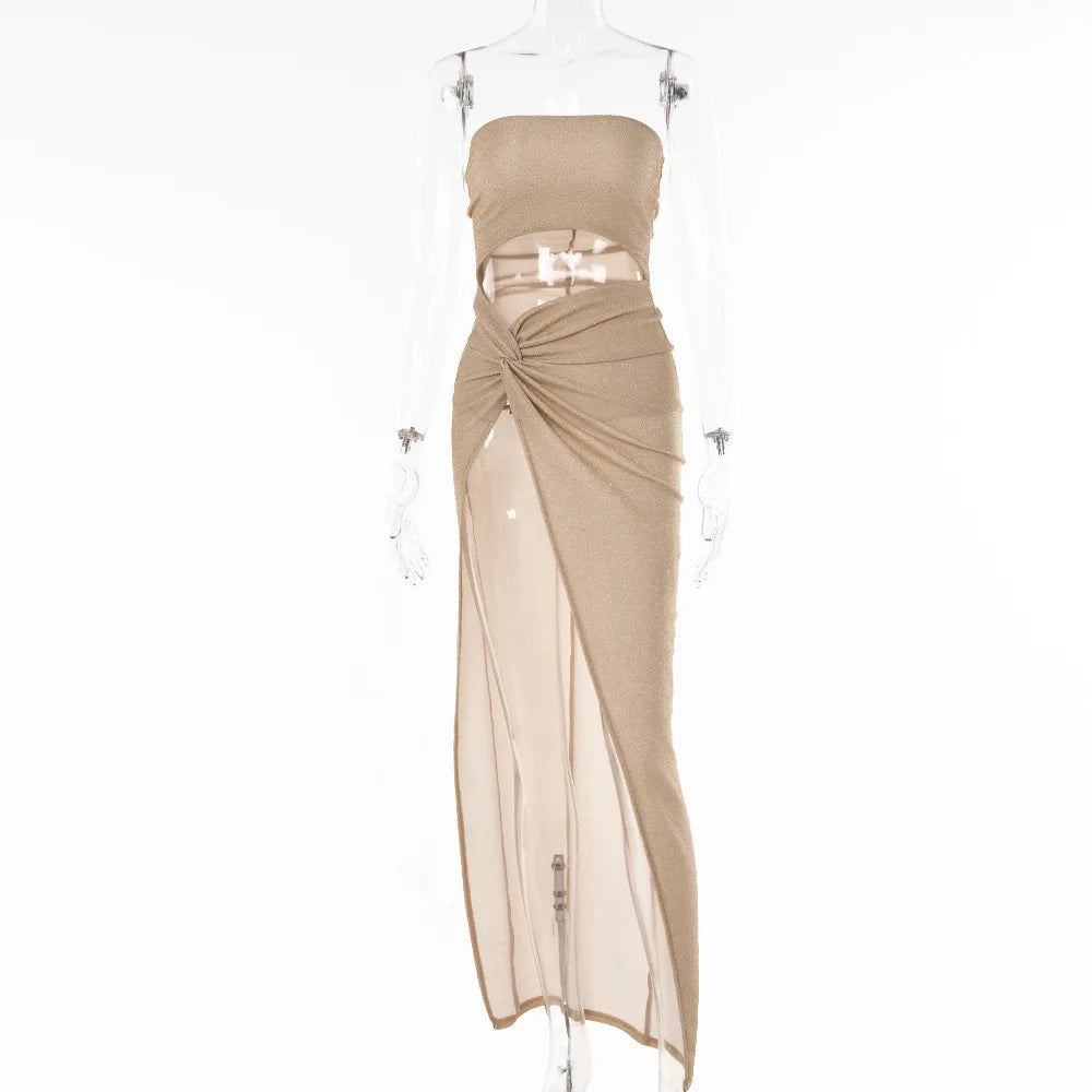 Cryptographic Summer Sexy Strapless Cut Out Slit Maxi Dress Elegant Outfits for Women Sleeveless Glitter Twist Dresses Vestido