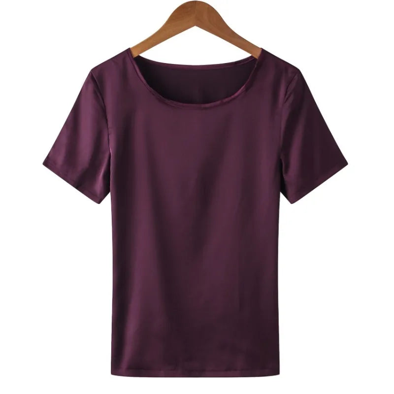 New outer wear silk round neck sling top satin short-sleeved stretch T-shirt large size bottoming shirt women