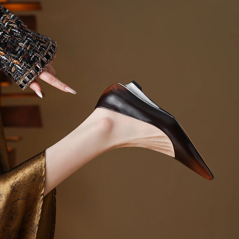 QUTAA 2025 Fashion Women Pumps Shoes Wedge High Heels Pointed Toe Genuine leather Slip-On Office Shoes Dress 34-42