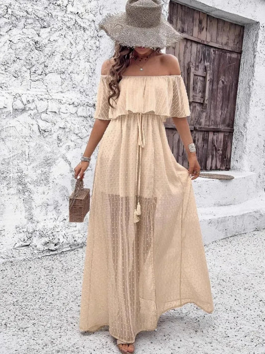 Boho Holiday Dress For Women Fashion Off Shoulder Short Sleeve Slash Neck Lace-up High Waist Loose Dresses Robe Femme Clothes