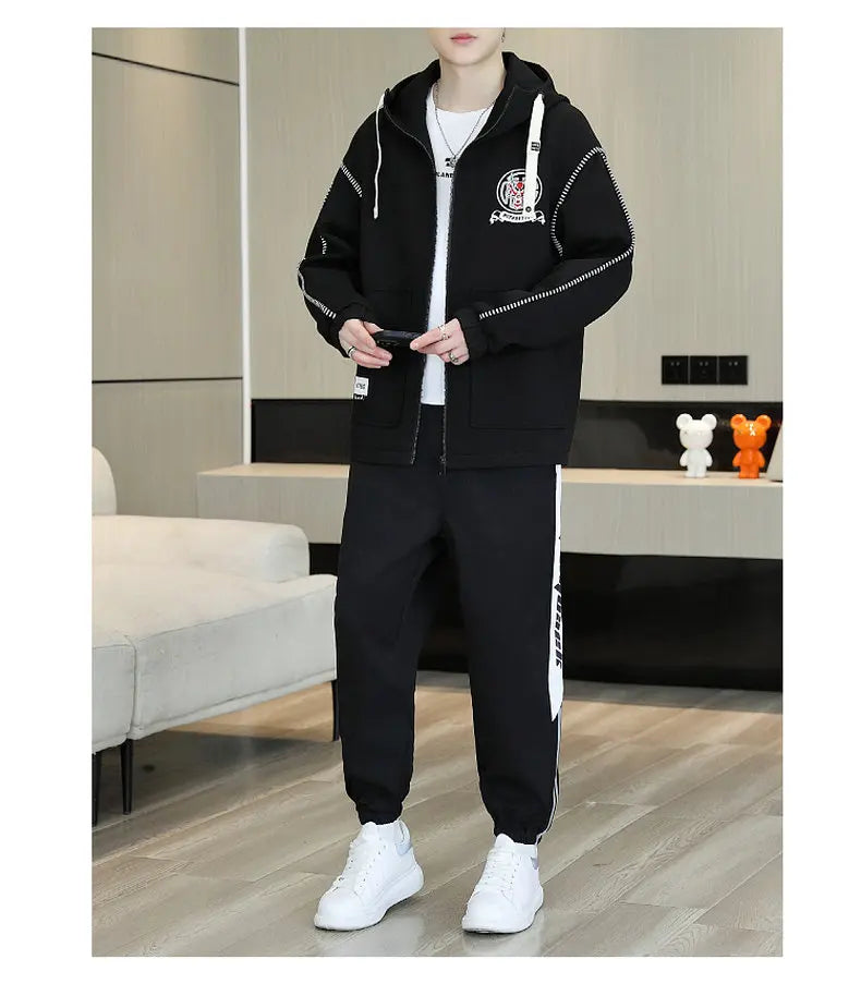 Hooded Jackets And Pants Two Piece Men's Sets 2026 Spring Autumn Youth Streetwear Tracksuits Outdoor Top Coats & Jogger Clothing
