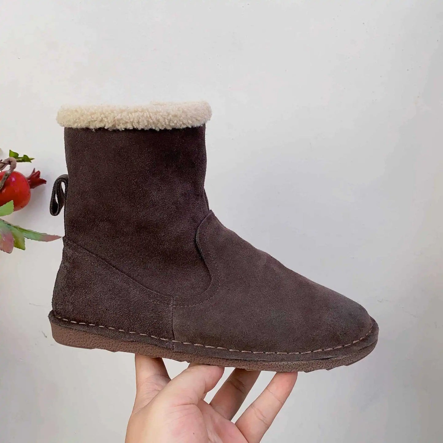 Careaymade-Genuine cow leather Snow cotton round head flats woolen short boots plush warm snow boots Oversized shoes size 35-43