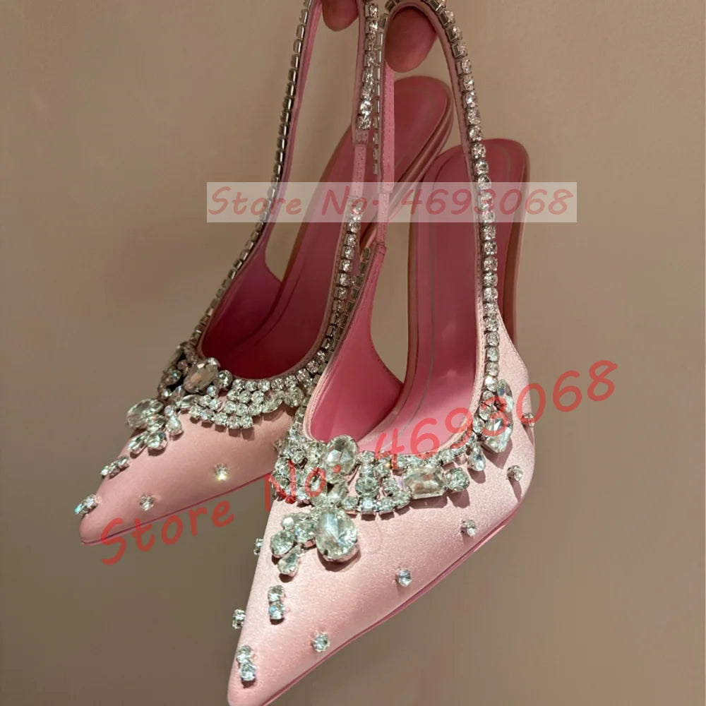 Luxury Crystal Flowers Back Strap Sandals Ladies Trendy Pointy Toe Classy Gems Satin Sandal Women Real Leather Evening Shoes
