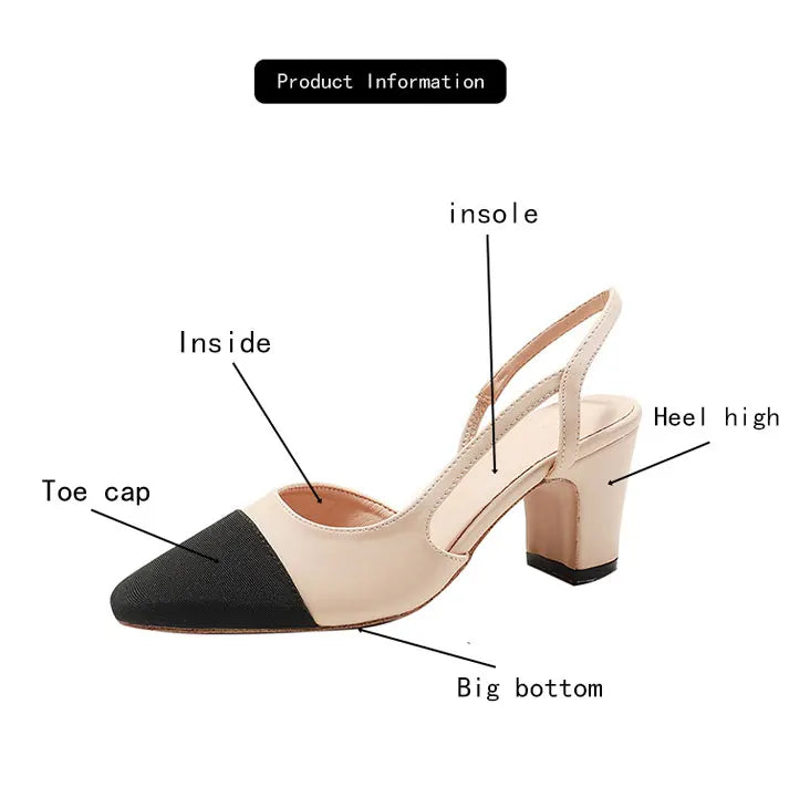 2023Spring Autumn Fashion High Heels Sandals Women's Dress Square Toe Slingback Shoes Women's Color Block Back With Flat Sandals