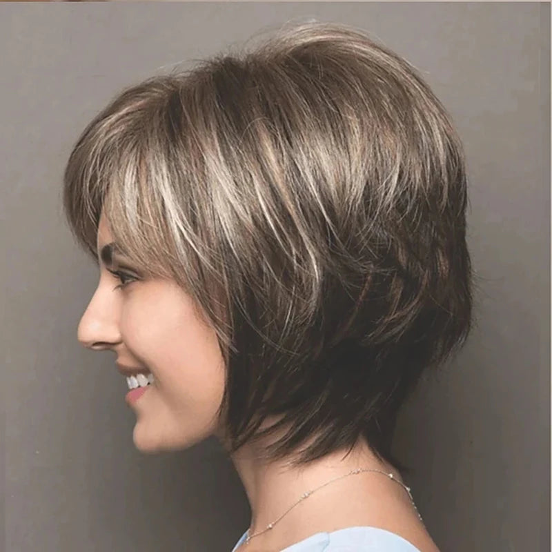 HAIRJOY Synthetic Hair Short Curly Brown Mixed Blonde Highlight Wigs with Bangs for White Women