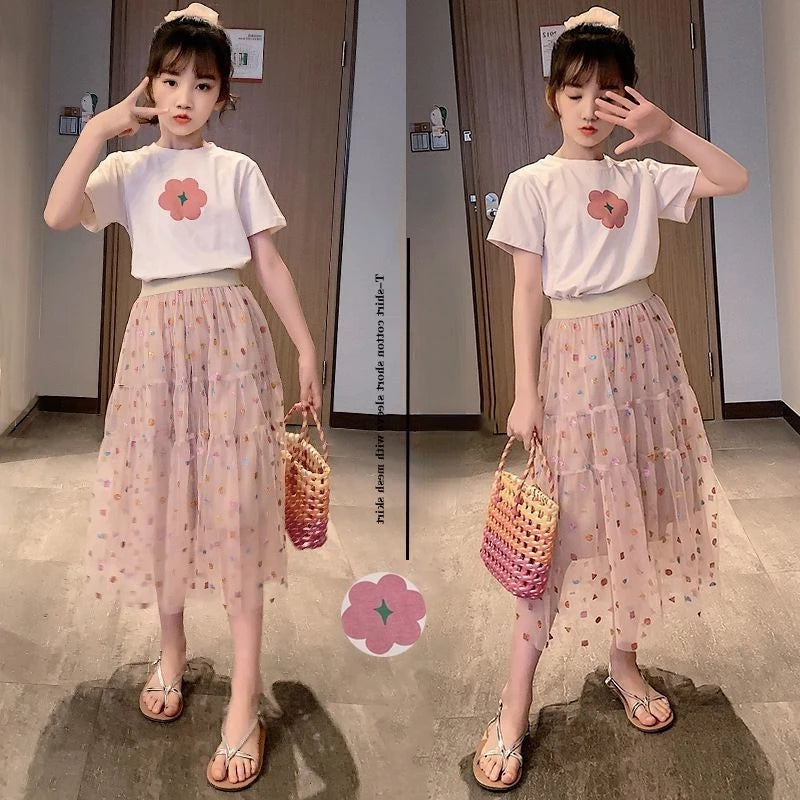 2026 Fashion Girls Dress Summer Kids T-shirt + Dress 2PCS School Casual Children Short Sleeve Dresses for Girl Teen 8 10 12 Year