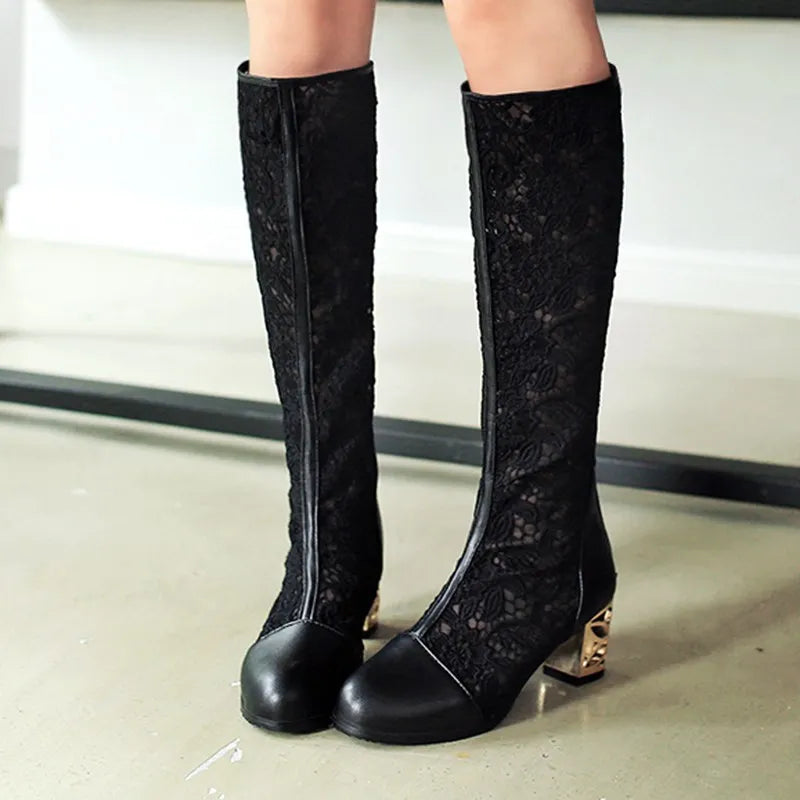 ORCHA LISA Spring Summer Boots Shoes Women Med Heels Knee Flower Lace Female Zipper Glitter Sexy White BiG Size 43 44 45