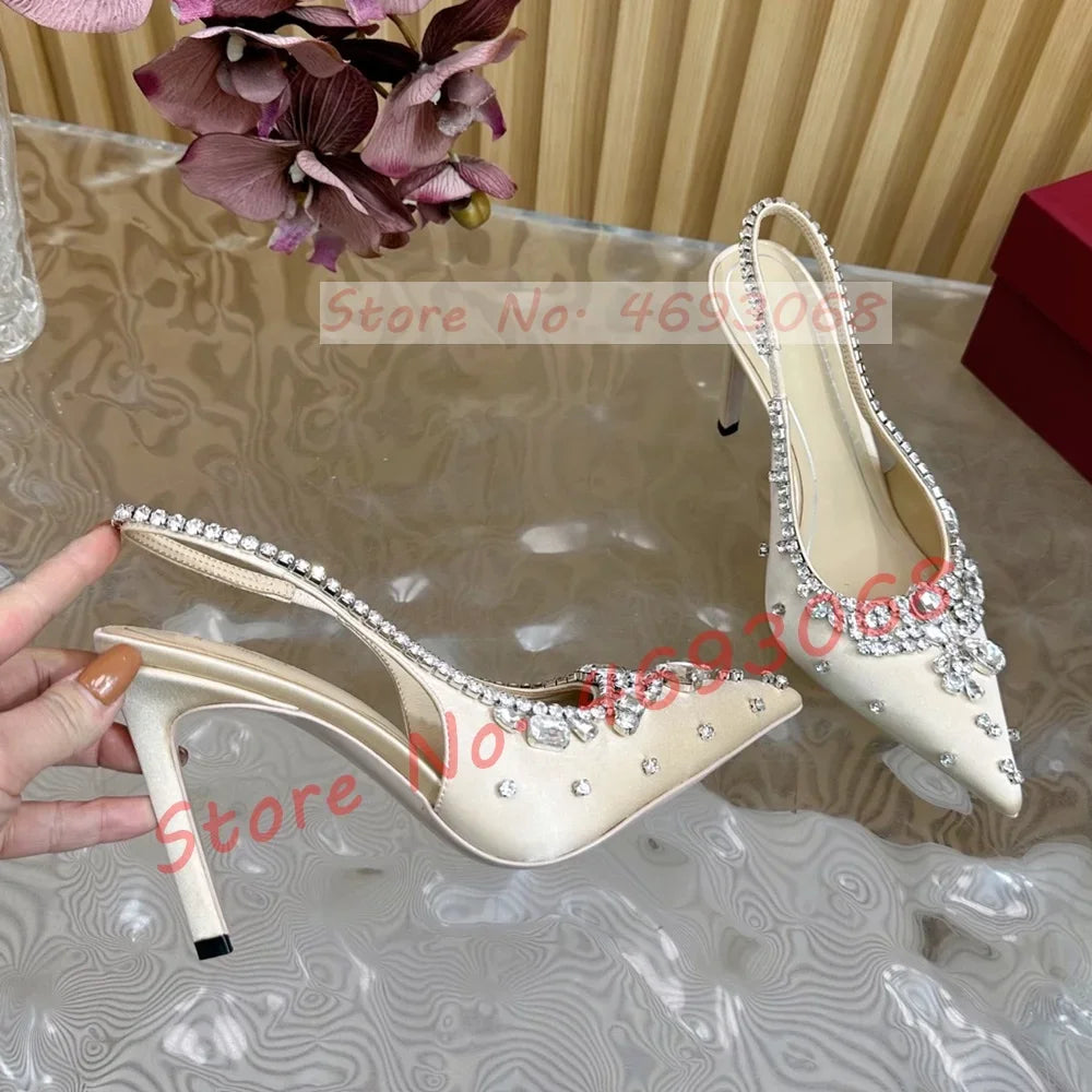 Luxury Crystal Flowers Back Strap Sandals Ladies Trendy Pointy Toe Classy Gems Satin Sandal Women Real Leather Evening Shoes