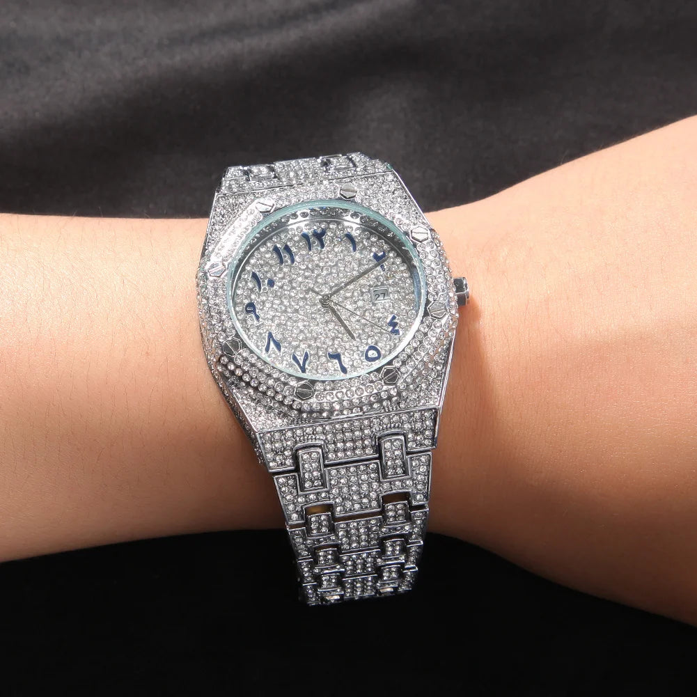 UWIN Hip Hop Stainless Steel Wristwatches for Men Full Iced Out Stones Fashion Luxury Zircon Quartz Square Watches for Gift