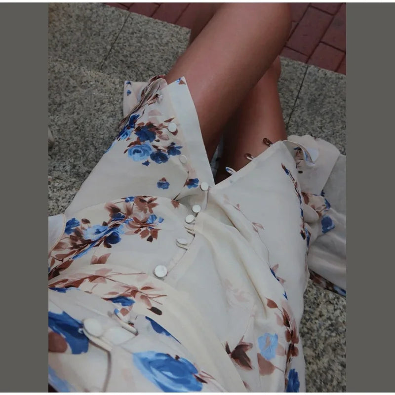 V Neck High Split Half Sleeve Slim Long Dress Print Waist Cinching Ruffle Hem Maxi Robes 2026 Women Party Vacation Vestidos