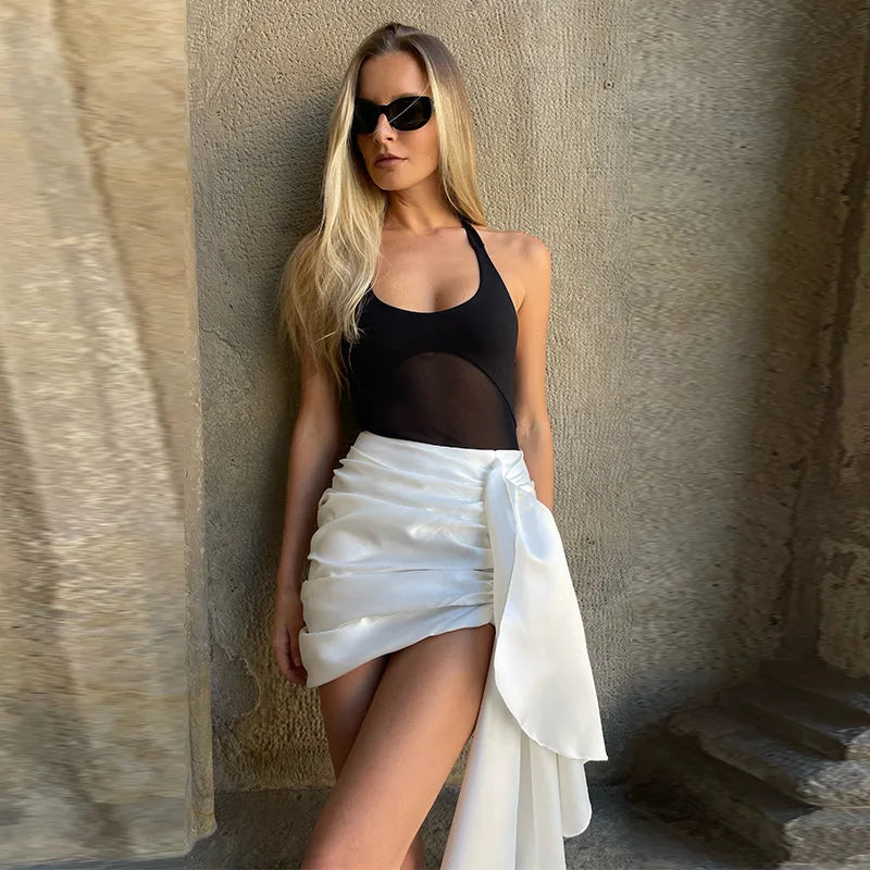 Elegant Stand Collar Women's Cape Skirts Suit Pocket Crop Tops Pleated Mini Skirt Lady Set 2026 Summer Autumn Female Outfits