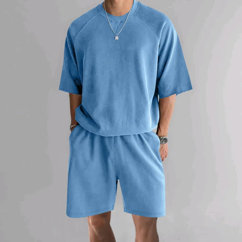 New 2026 Summer Men's Two Piece Sets Casual Loose Short Sleeve O Neck Tees and Shorts Tracksuits Men Stylish Solid Color Suits