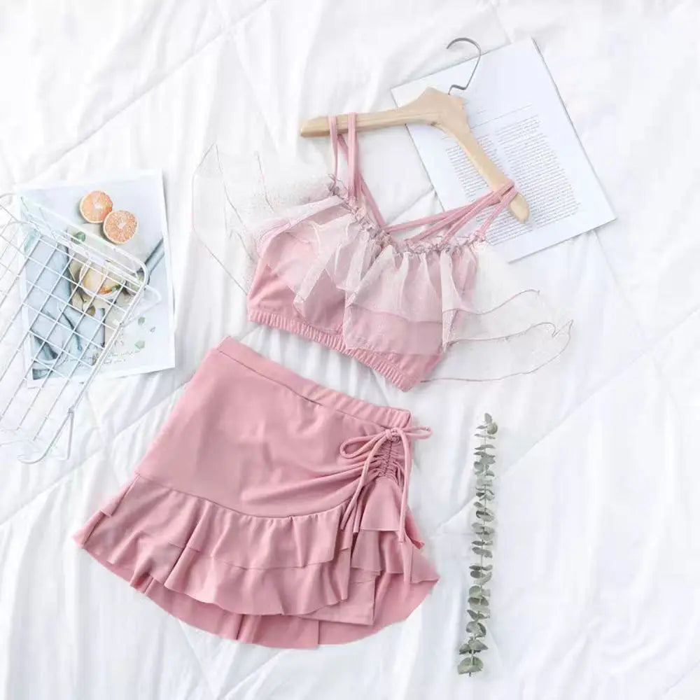 Slim Fit A-line Skirt Swimsuit Puff Ruffle Off Shoulder Lace Ruffled Bathing Suit Beachwear Two Pieces Set Swimwear Swimming