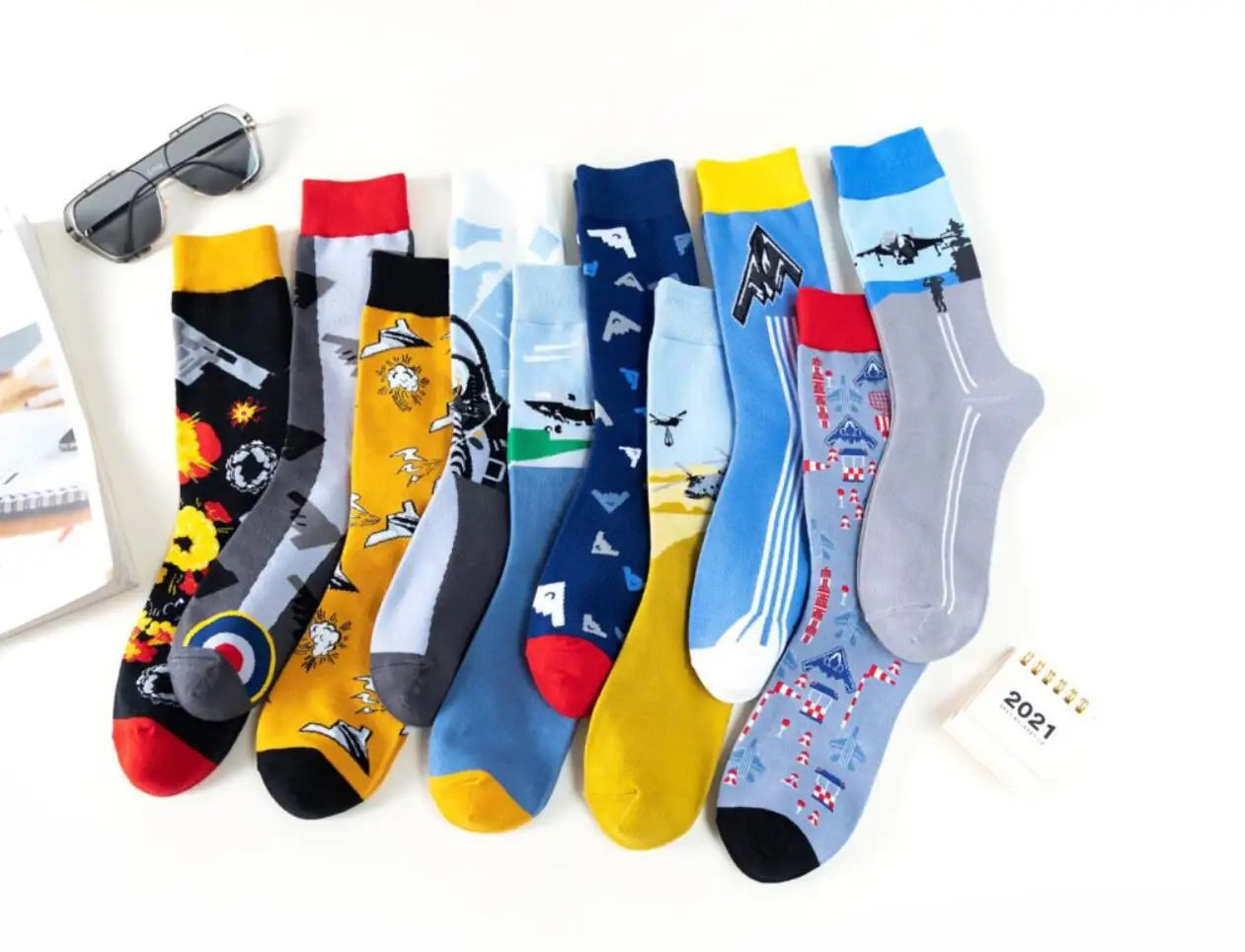 New Fighter Jet Fighter Carrier Aircraft Pattern Socks for Aviation Enthusiasts Stealth Men Crazy Party Crew Socks Cotton