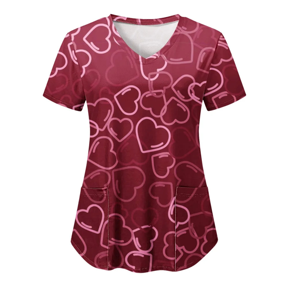 Tops Women Scrub Nurse Print Short Sleeve Cartoon V-Neck Tops Working T-Shirts Heart Print Healthcare Tunic Carers Workwear Tops