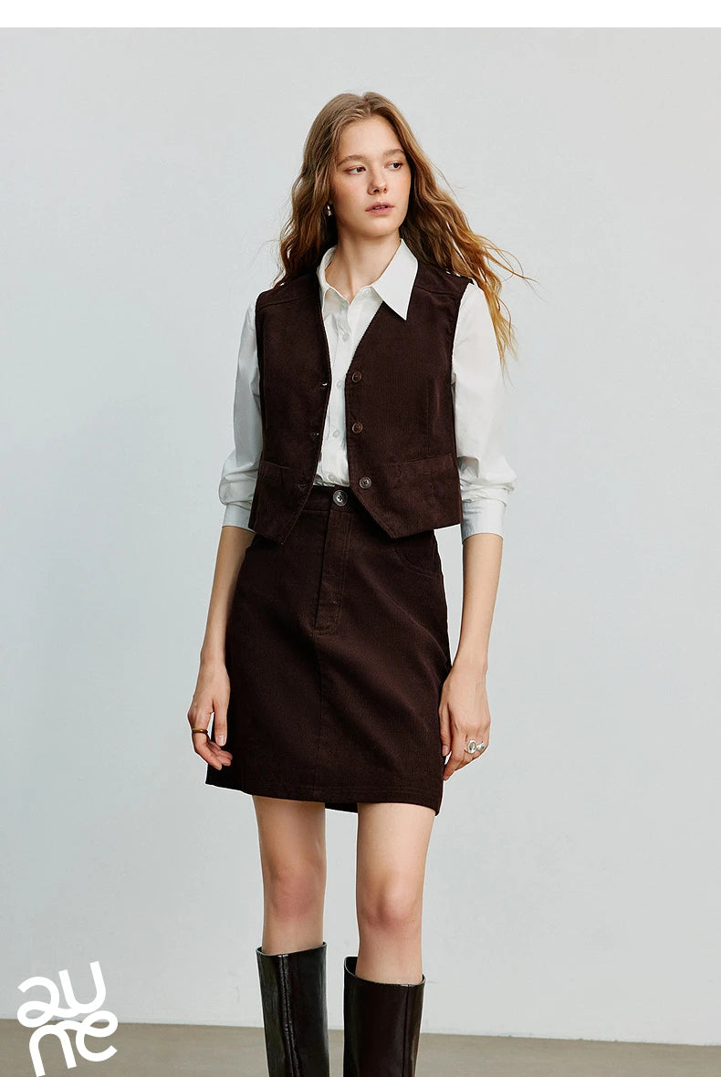 TOYOUTH Women Midi Skirt 2025 Autumn New Retro Corduroy Elastic Waist Pure Cotton A Line Mini Skirt