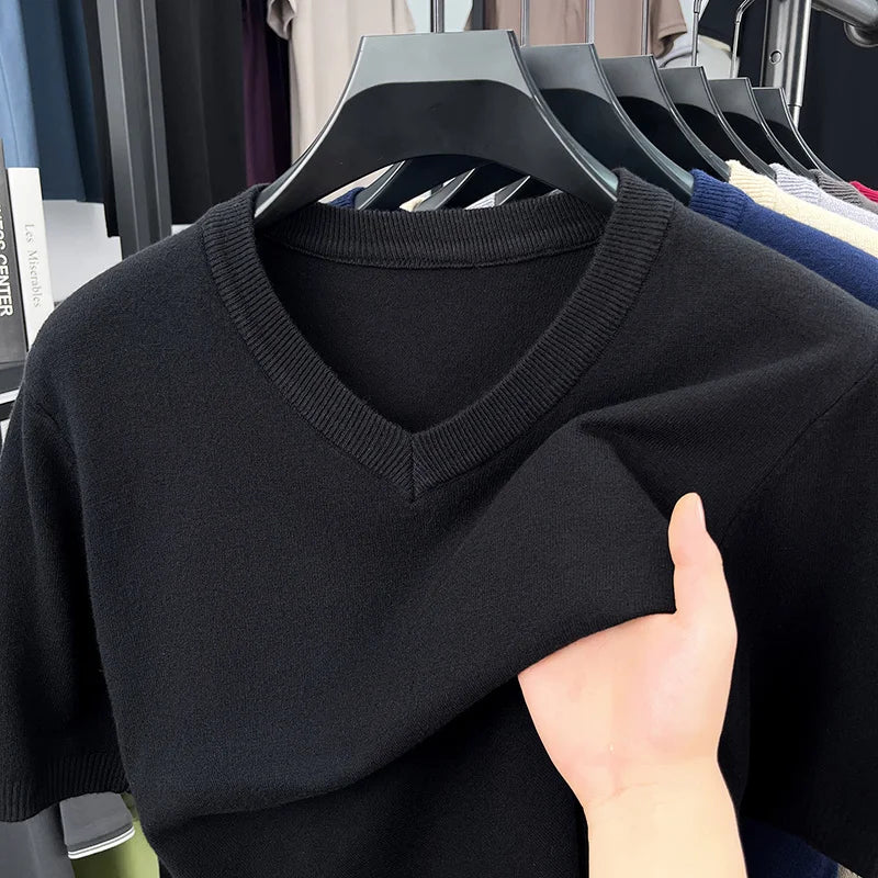Mens V Neck Short Sleeve Wool Knit Pullover Soft Thin Knitwear For Business Office Daily Casual Spring Summer Basic Tops