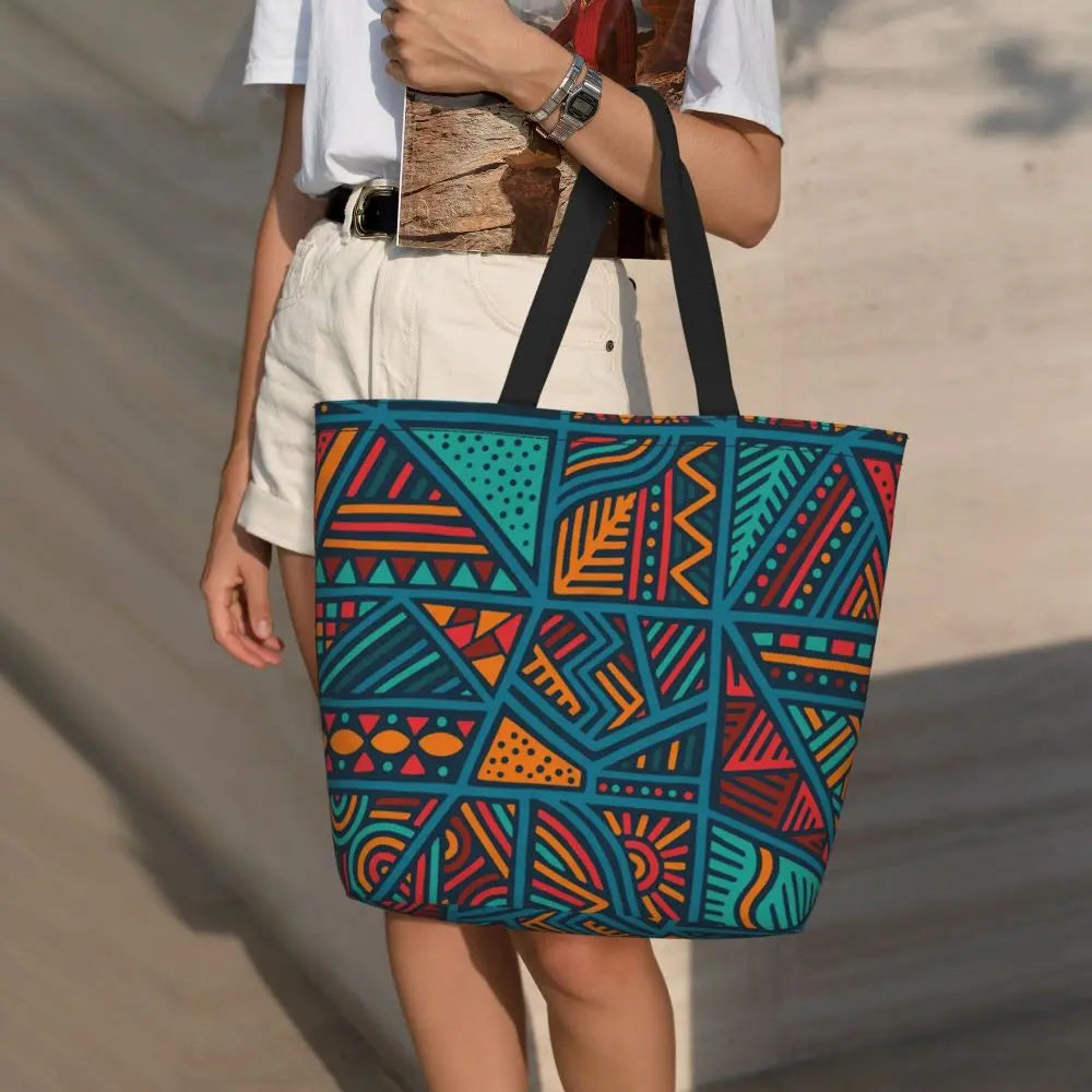 African Ankara Prints Grocery Shopping Tote Bags Women Geometric Ethnic Art Canvas Shoulder Shopper Bags Big Capacity Handbag