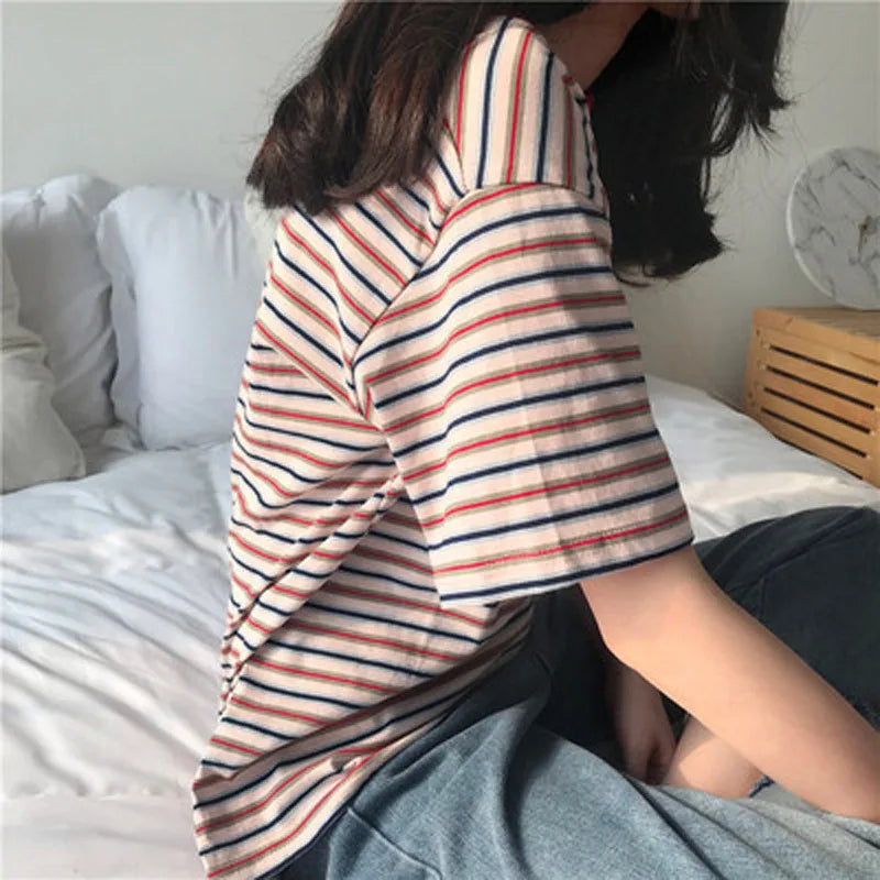 MRMT 2026 Brand New Women's Striped t-Shirts Contrast Color Striped Women t Shirt Loose Woman Bottoming Shirts Tops Tees