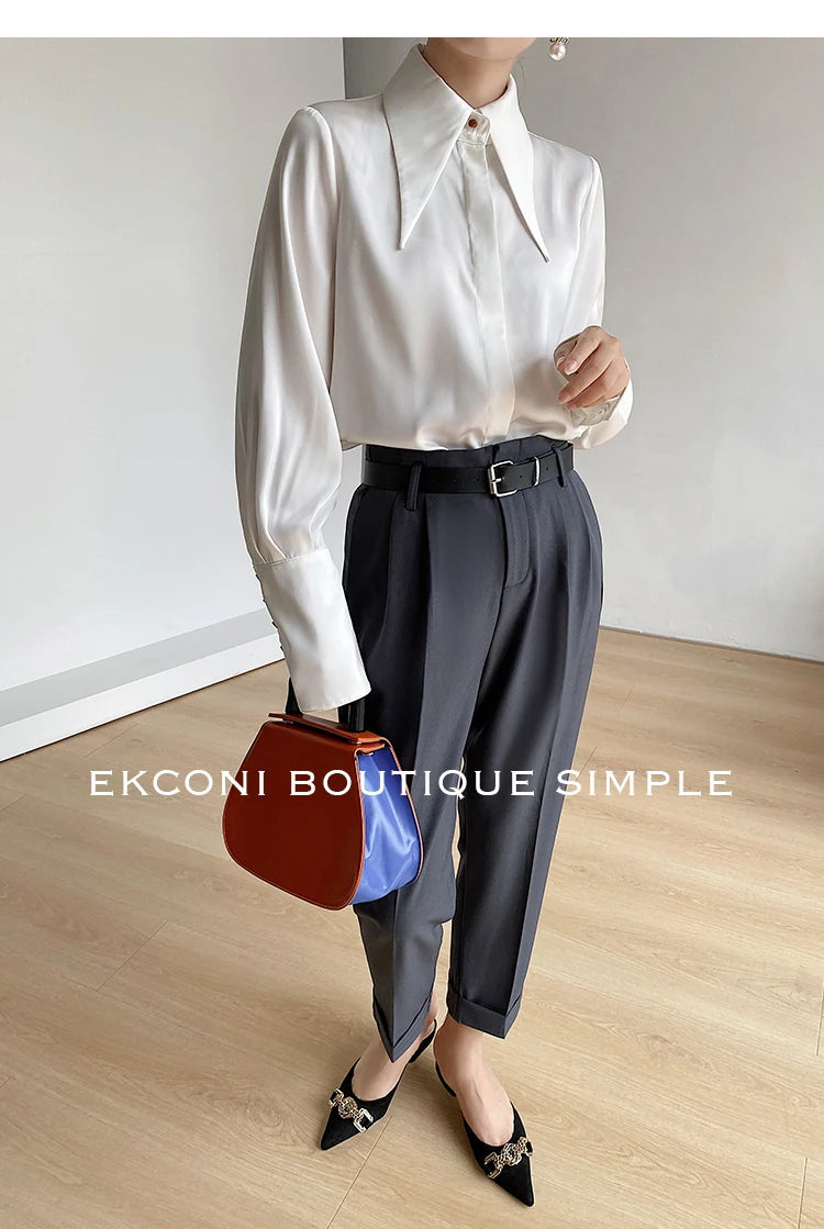 Stylish Elegant Turn Down Collar White Long Sleeve Satin Shirts Fashion Woman Vintage Blouse 2024 Office Lady Tops Blusas 16946