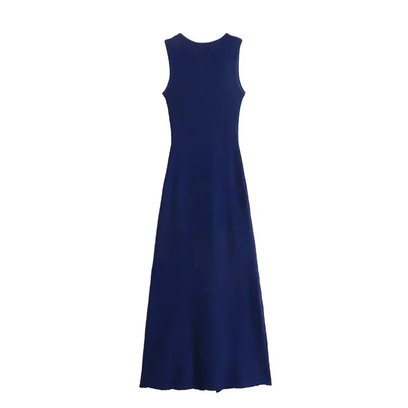 Knit Ribbed Cardigan Maxi Dress Female High Waist Slim Pocket Sleeveless Elegant Party Dress Women's Knitwear Long Dress