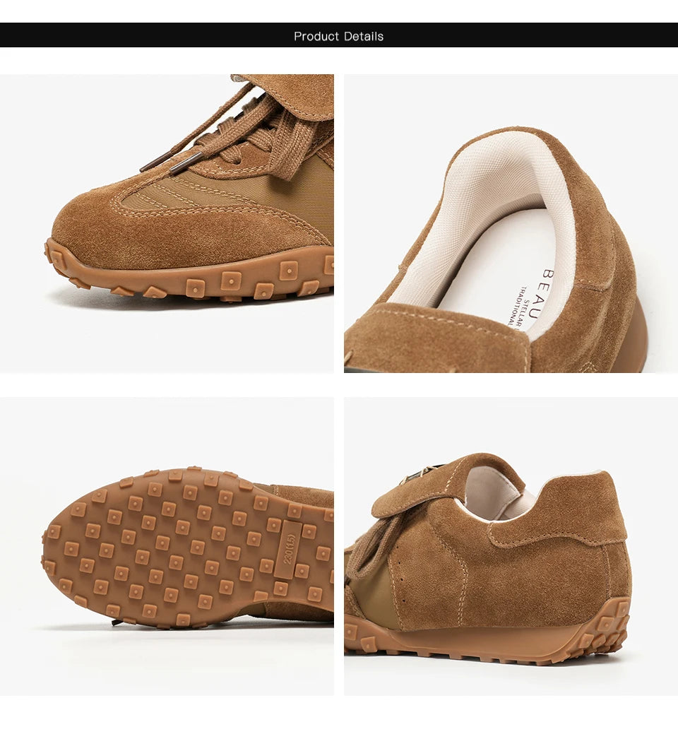BEAUTODAY Fashion Trainers Women Cow Suede Sneakers Metal Buckle Leather Flats Lace Up Female Casual Shoes Handmade 29897