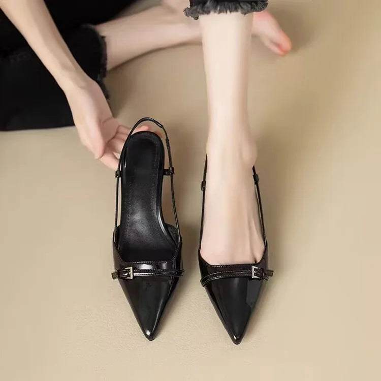 2025 French Pointed Sandals Burgundy Patent Crisscross Straps Metal Decor Slim Heel Open-Back Fairy Sandals