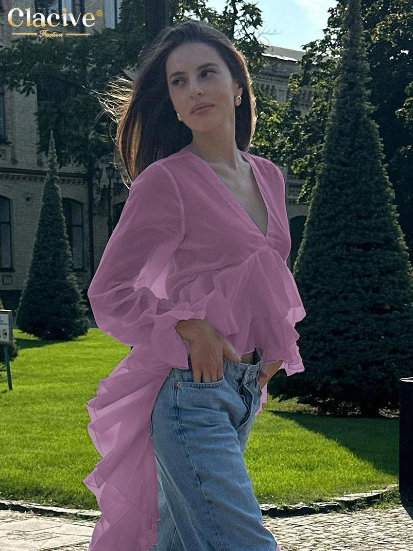 Clacive Sexy Loose White Women's Shirt 2025 Fashion V-Neck Long Sleeve Shirts Elegant Ruffle Irregular Top Female Clothing