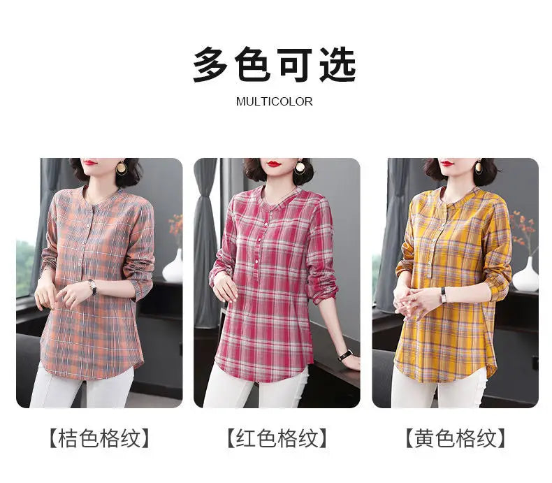 Fashion All-match Round Neck Plaid Shirt Women's Clothing Summer New Vintage Casual 3/4 Sleeve Button Spliced Pullovers Blouses