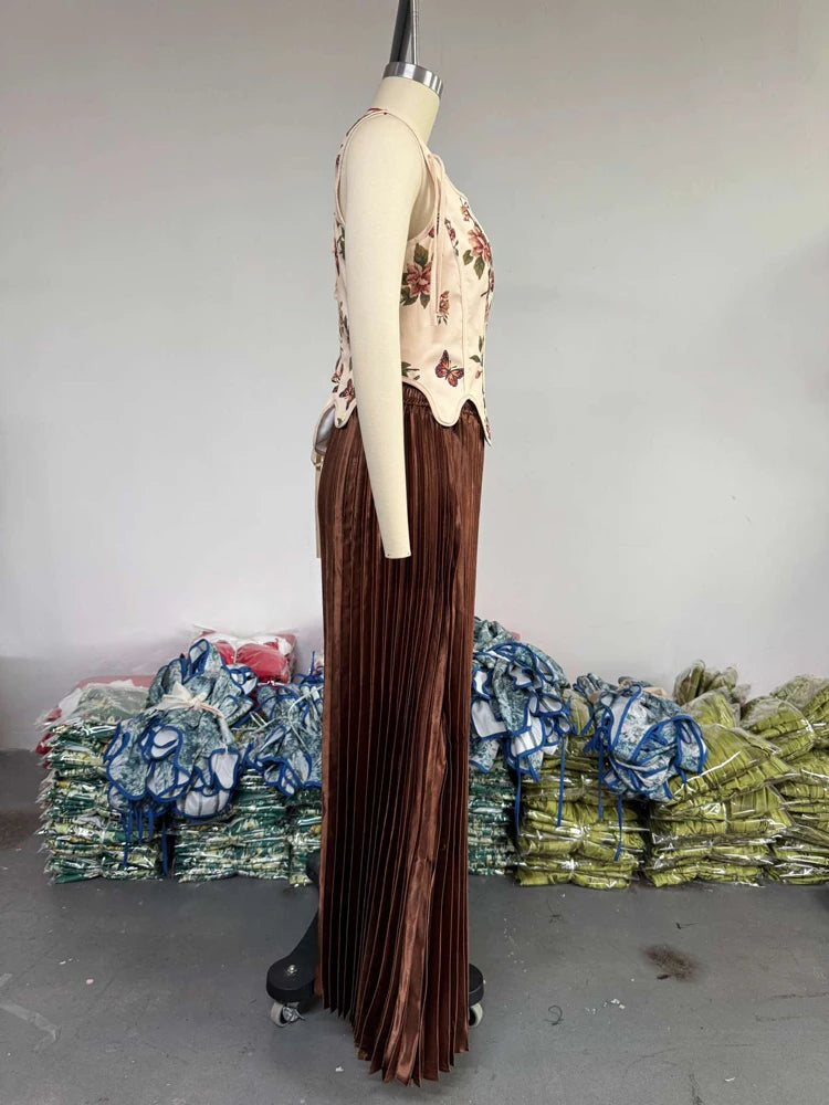 Women's Dresses Sets Floral Print Corset Top High Waist Pleated Long Maxi Skirts Suit 2025 Party Evening 2 Two Piece Set Outfit